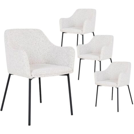 LOANA - Lot de 4 Fauteuils de Table Tissu Bouclé Blanc Chiné Pieds Métal Noir