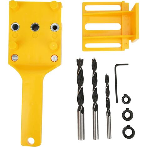 Localisateur de trous de poinçonnage pour le travail du bois Outils de guidage de goujons à centrage automatique pour forets de menuiserie Gabarits portatifs 6/8/10 mm (jaune) (1 jeu)