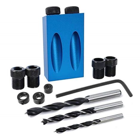 Localizador de agujeros oblicuos de ángulo de 15 grados azul para perforación en carpintería, herramienta de instalación para empalme de madera, broca de tres puntas (azul de 15° (14 juegos))
