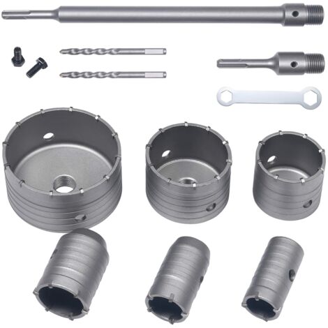 Lochsägenbohrer, Lochsägen-Set, 10-teilig, SDS-Betonbohrer, Verlängerungsstange, Wolframkarbidspitze – Ø 35 mm, 40 mm, 50 mm, 65 mm, 80 mm und 110 mm, hohe Qualität