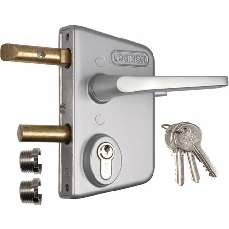 Locinox – Serrure de portail en applique argent – Clé I – Axe 30 mm – Entraxe 70 mm – Boîtier aluminium étanche – Pêne réversible