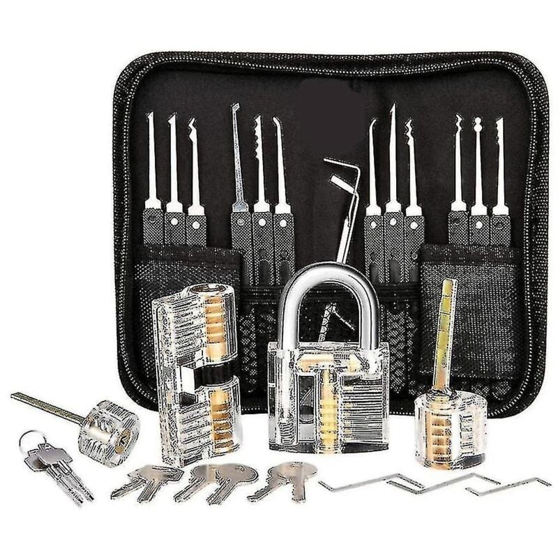 Fei Yu - Kit de crochetage de serrure, kit de crochetage de serrure de 25 pièces, outils d'entraînement avec 3 serrures transparentesa