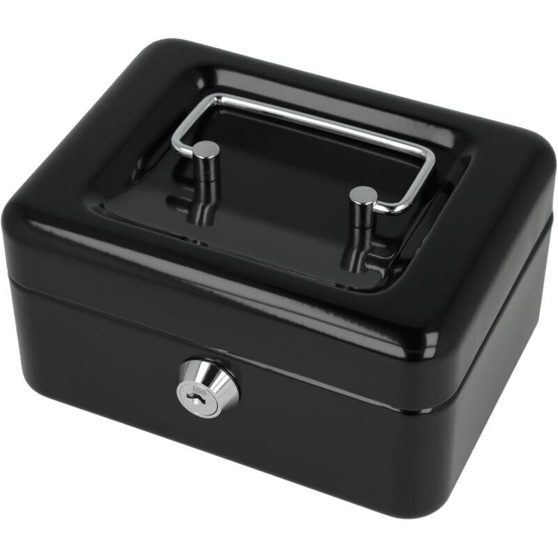 Lockable cash box (compact, 15 cm) Black. Lockable steel sheet box with 2 keys. Removable coin tray with 6 compartments.