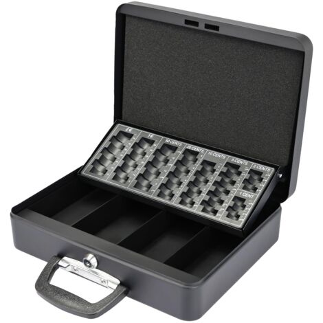 Lockable Cash Box with Counting Table Suitcase Handle Euro Coin Bill Compartments
