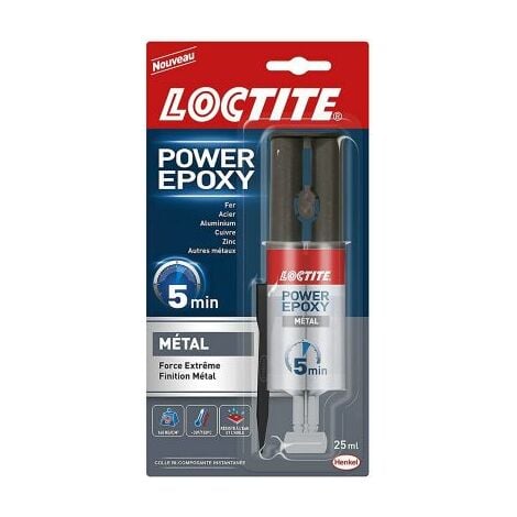 Loctite Colle Epoxy liquide spéciale Metal, Colle epoxy bi-composante couleur métal, Colle forte et rapide pour métaux et autres matériaux, colle ultra résistante, seringue de 25 ml