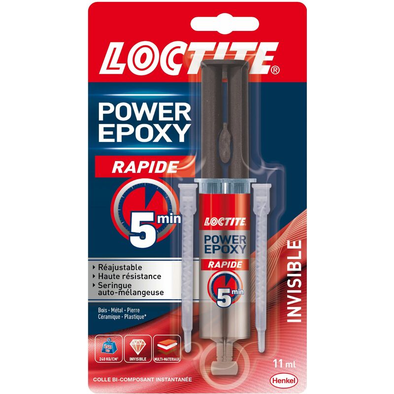 Loctite - Colle Power Epoxy Rapide 5 Minutes 11 ml, Colle epoxy réajustable, colle forte résistante avec seringue auto-mélangeuse, colle résine epoxy