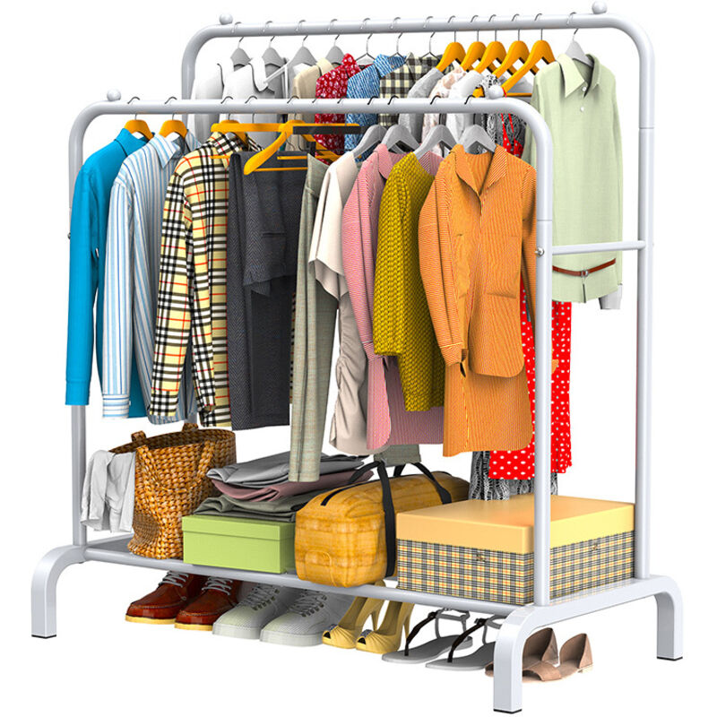 LOEFME Porte Manteau Portant Vêtements Penderie Cintre Tiges Double avec étagère de Rangement Chaussures 110 x 55 x 150 cm Blanc