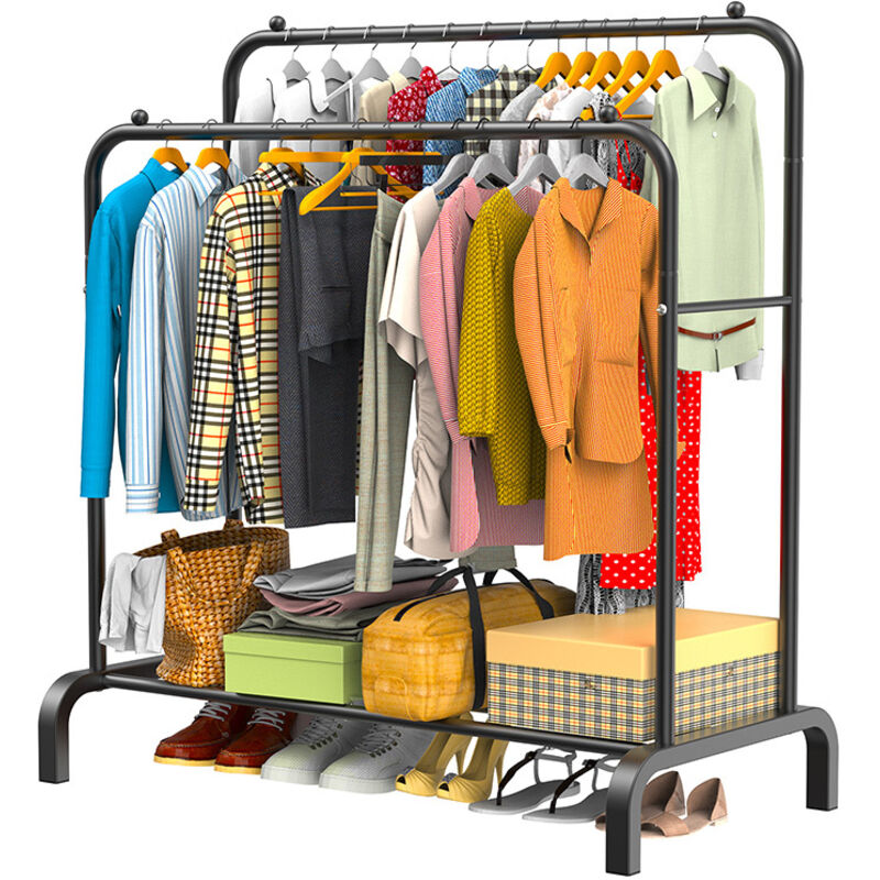 LOEFME Porte Manteau Portant Vêtements Penderie Cintre Tiges Double avec étagère de Rangement Chaussures 110 x 55 x 150 cm Noir
