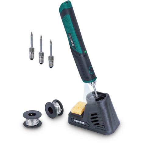 VONROC Lötkolben auf Batterie - Max. 450°C - 25 Sek. Aufheizzeit - Inkl. Halter mit Schwamm, Lötzinn und Spitzen