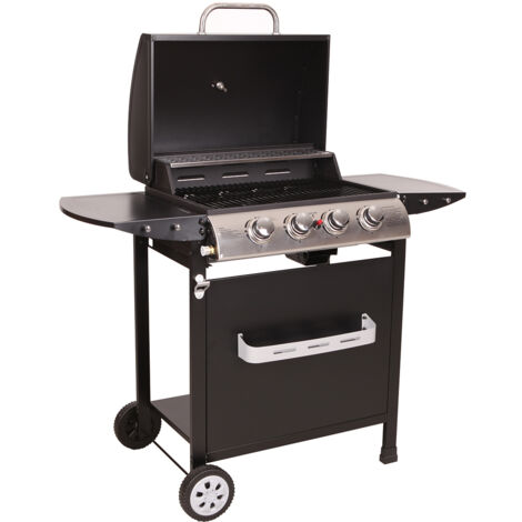 Barbecue à Gaz 4 Brûleurs 12 KW Avec Tables Latérales - Surface Cuisson 70x42 Cm - Noir - Pour Jardin, Terrasse