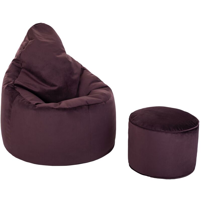 Loft 25 - Fauteuil pouf à haut dossier en velours souple pour adulte, pour intérieur, salon, pouf gaming, Aubergine(Chaise pouf avec Rabouret pouf)