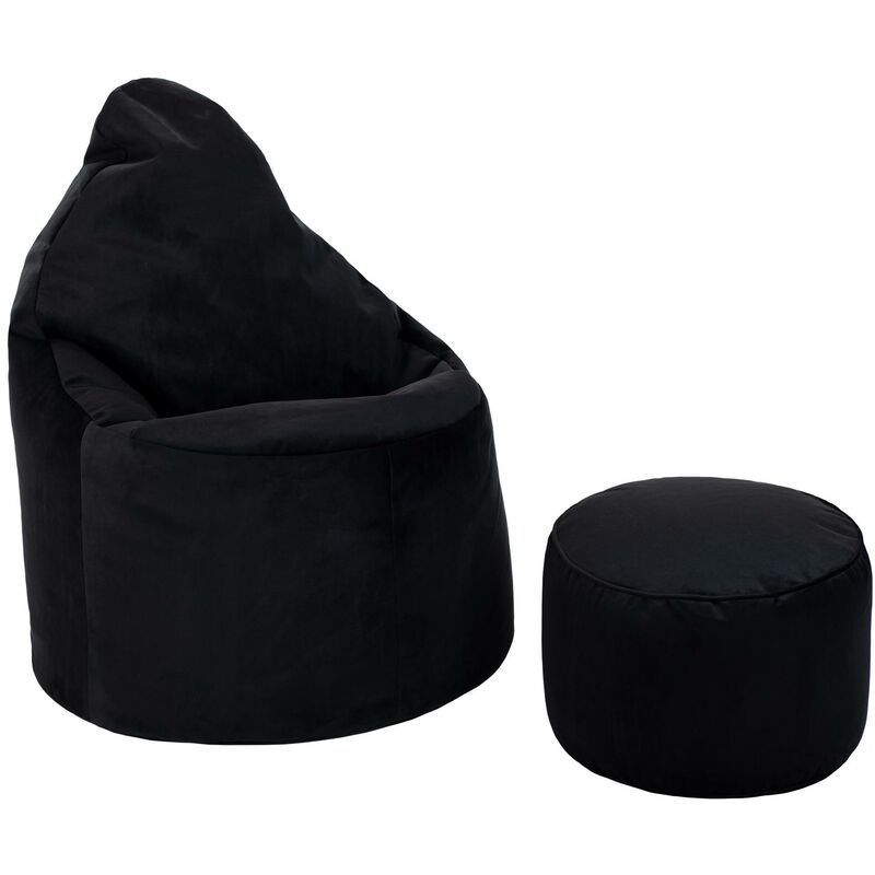 Loft 25 - Fauteuil pouf à haut dossier en velours souple pour adulte, pour intérieur, salon, pouf gaming, Noir(Chaise pouf avec Rabouret pouf)