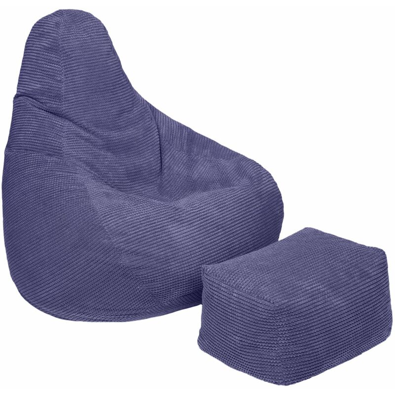 Loft 25 - Pouf à haut dossier en velours côtelé pour adulte, pouf gaming pour l'intérieur, salon, avec tabouret de pied, violet