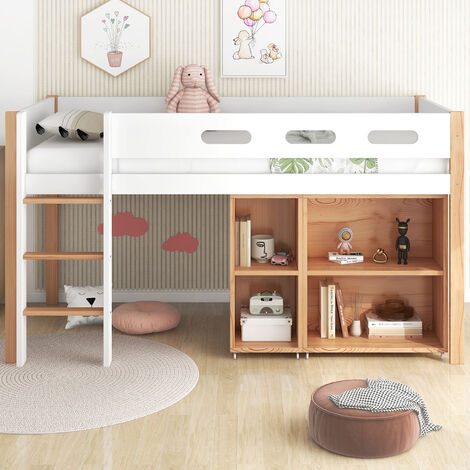Loft Bed Children Single Bed Mid Sleeper Kids Storage Bed with Movable Cabinet 3FT Bed 90x190cm, White