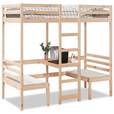 Loft Bed Frame with Desk and Chairs 75x190cm Solid Wood Pine vidaXL