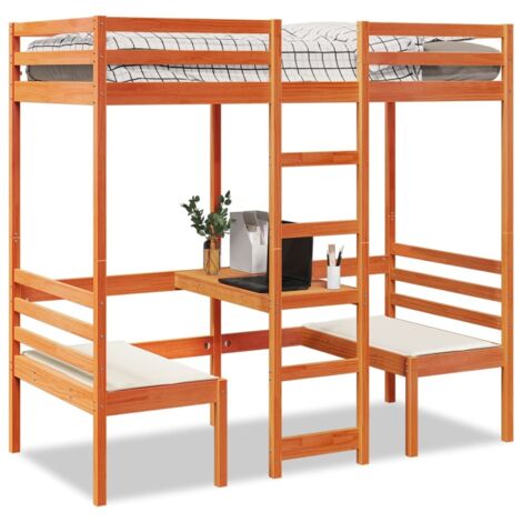 Loft Bed Frame with Desk and Chairs Wax Brown 75x190cm Solid Wood Pine vidaXL