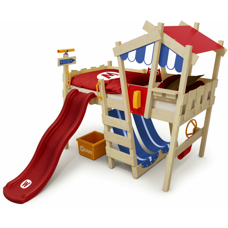 WICKEY Kid´s bed, loft bed Crazy Hutty with red slide single bed 90 x 200 cm, children´s bed
