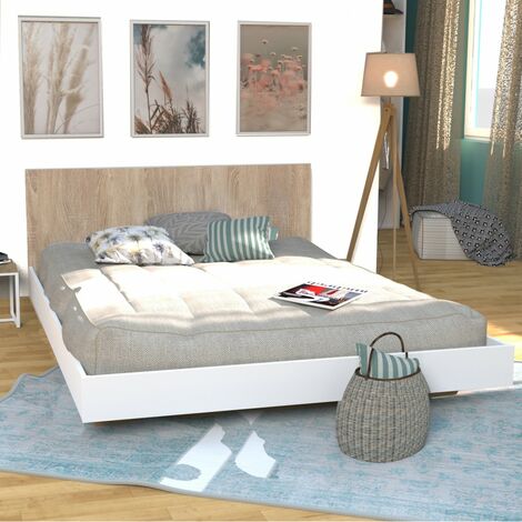LOFT-Bett 140x190 + 1 Bettkasten + Kopfteil / Weiß & gebleichte Eiche/ 192x143x75