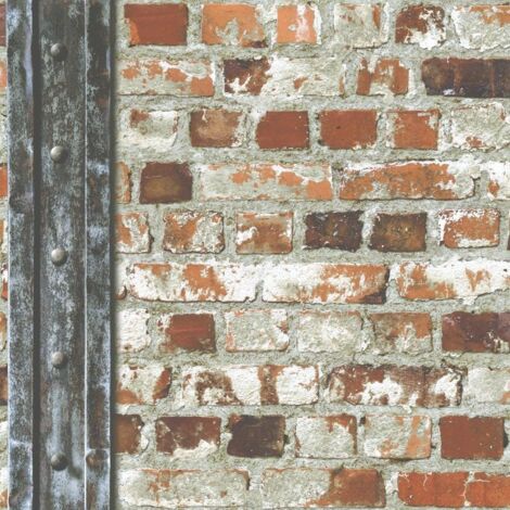 Loft Brick Effect Wallpaper Orange Grey Stone Slate Rustic Weathered Beam Muriva