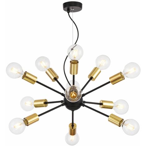 Loft Hängeleuchte, Metallrahmen schwarz, goldene Lampensockeln, 12-flammig, excl. 12 X E27 (7W)