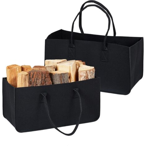 Log Basket, Set of 2, Felt Storage Bag, Firewood, 28 Litre, with Handles, Black