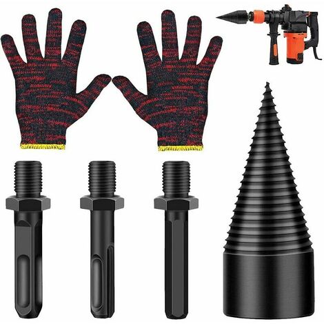Log Splitter, 42mm Firewood Splitter Drill Bit Wood Splitter Heavy Duty Drill Cone Splitter Drill Bit High Speed Steel with 3 Handles and Gloves
