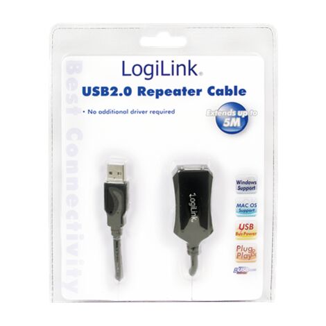 Logilink  Câble d'extension USB  Femelle  USB Type-A 4 broches  Mâle  USB Type-A 4 broches  Noir  5 m