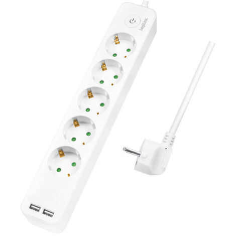 LOGILINK LPS249U - REGLETA DE 5 ENCHUFES (5 X CEE 7/3) + 2 X USB-A CON INTERRUPTOR DE ENCENDIDO/APAGADO Y PROTECCIÓN IP20, LONGI