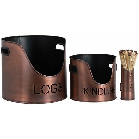Logs and Kindling Buckets and Matchstick Holder - Metal - L34 x W34 x H32 cm - Copper