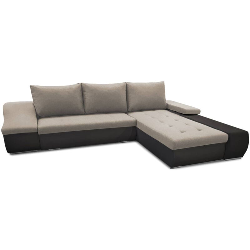 Mobilier Deco - lohan - Canapé d'angle convertible coffre de rangement en tissu beige et simili noir – Angle Droit