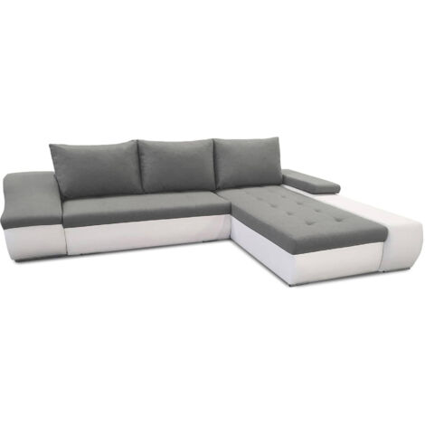 LOHAN - Canapé d'angle convertible coffre de rangement gris et blanc - Angle Droit