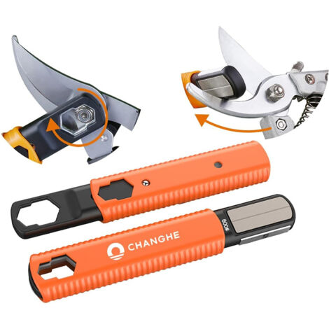 LOLLANDA Affûteur polyvalent pour outils de jardin – Pour l'affûtage des lames de tondeuse, sécateurs, haches, machettes, taille-haies, ciseaux, hachettes et couteaux de poche – Affûteur rapide (Orang
