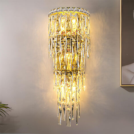 LOLLANDA Applique murale — Luminaire mural en cristal, applique d'intérieur luxueuse chromée avec pampilles en cristal — Éclairage tricolore — Finition dorée — 22 x 46 cm