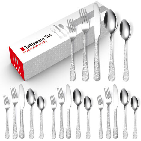 LOLLANDA Ensemble de couverts martelés 20 pièces, pour 4 personnes, en acier inoxydable,comprenant un couteau,une fourchette et une cuillère, argent