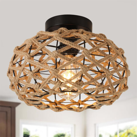 LOLLANDA Lampe en rotin de style pastoral pour salon chambre bureau et salle à manger plafonnier en cage tissée à la main avec ampoule E26, ampoule non incluse