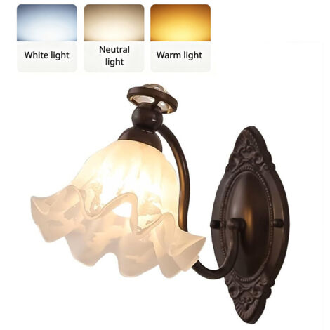 LOLLANDA Lampe Murale Rétro Française en Verre Ondulé, Base E27 avec 3 Modes d’Éclairage, Style Campagnard pour Cuisine Escalier Chambre