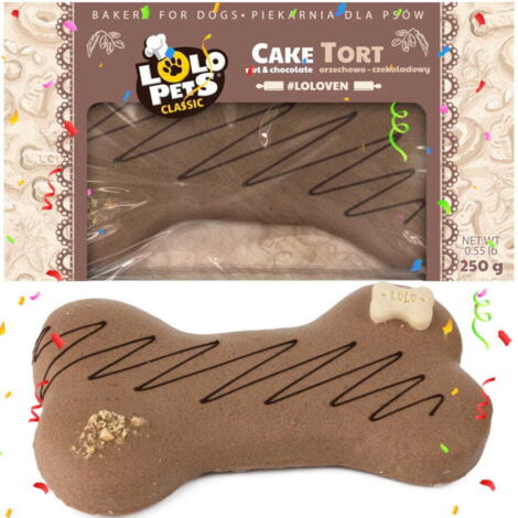 Lolo Pets Snack per cani a base di torta di compleanno al cioccolato e noci 250 g