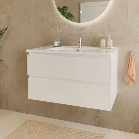 LOMAZOO Meuble De Salle De Bain Marenza Blanc Brillant 80cm - Lavabo Blanc