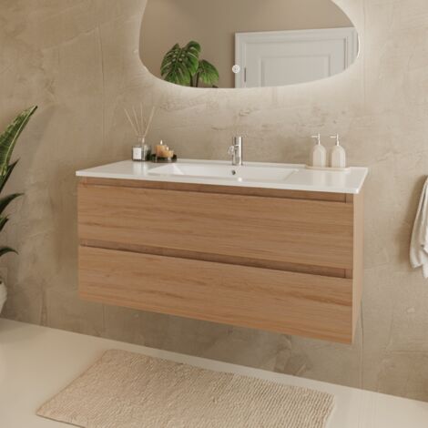 LOMAZOO Meuble De Salle De Bain Marenza Chêne Clair 100cm - Lavabo Blanc