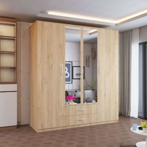 London 4 Door Hinged Wardrobe with Mirror and Storage - Oak 171cm