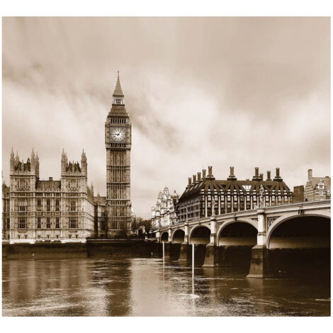 London, rideau imprimé Big Ben et la Tamise en noir et blanc sépia 280x245 cm, 2 parts