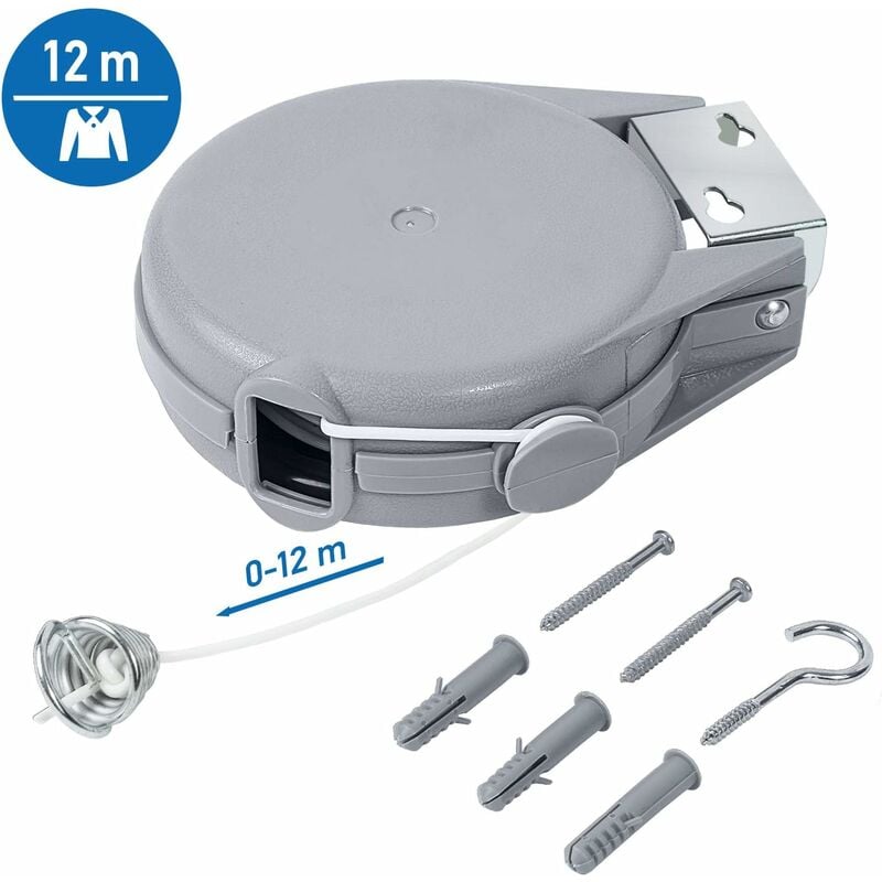 Long, Corde à Linge Rétractable de 12 m pour Vêtements, Étendoir à Linge très Robuste et Résistant, Mécanisme Rétractable Automatique, Installation