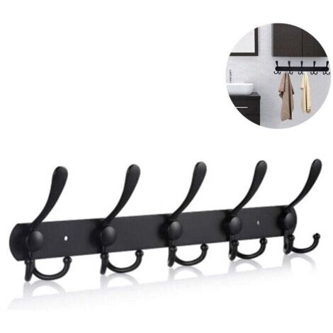 Long wall-mounted coat rack with 5 three-hook coat hooks, wall hooks, wall-mounted coat rack, hook for clothes, jackets, hats, black