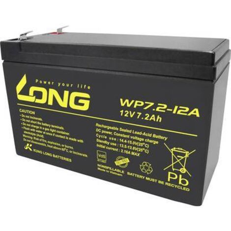 Long WP7.2-12A/F2 WP7.2-12A/F2 Batterie au plomb 12 V 7.2 Ah plomb (AGM) (l x H x P) 151 x 102 x 65 mm cosses plates 6,35 mm certification VdS, auto-d Y860632