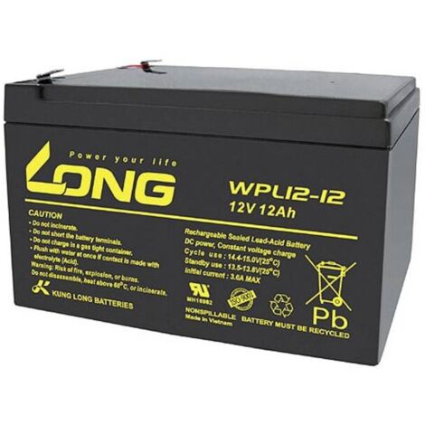 Long  WPL12-12 WPL12-12 Batteria al piombo 12 V 12 Ah Piombo-AGM (L x A x P) 151 x 93 x 98 mm Spina piatta 6,35 mm Bassa