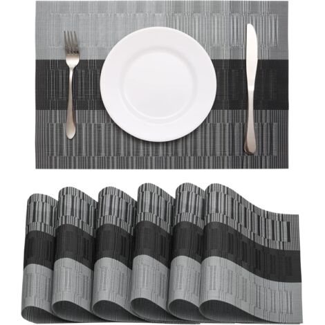 Longziming – Lot de 6 sets de table lavables en PVC – Antidérapants et résistants à la chaleur – 45x30cm (Noir-Gris) – Faciles à nettoyer