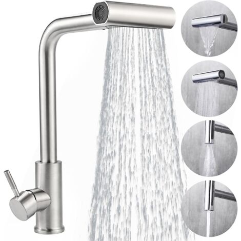 Longziming – Mitigeur de cuisine avec douchette extensible – Acier inoxydable 304 – Rotatif 360° – 4 modes de débit – Système antigoutte haute pression