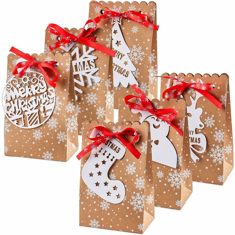 Sac Cadeau Papier, Boîtes de Papier de Noël, Sacs Cadeaux de Noël en Papier Kraft, Sacs Cadeaux avec 24 d'Étiquettes de Noël Blanches et Ruban,