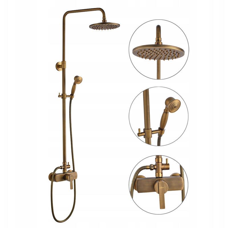 Colonna Doccia con Miscelatore Retro Spazzolato Ottone, Set de Doccia con Rotondo Soffione 20cm e Doccetta, Altezza regolabile dopo l'installazione