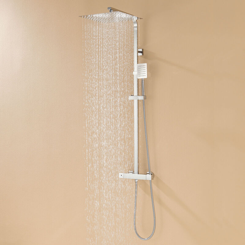 Colonne de Douche en Inox avec Mitigeur Thermostatique, Haute Réglable 90-116 cm, Avec Douchette de tête de 12 pouces - Auralum